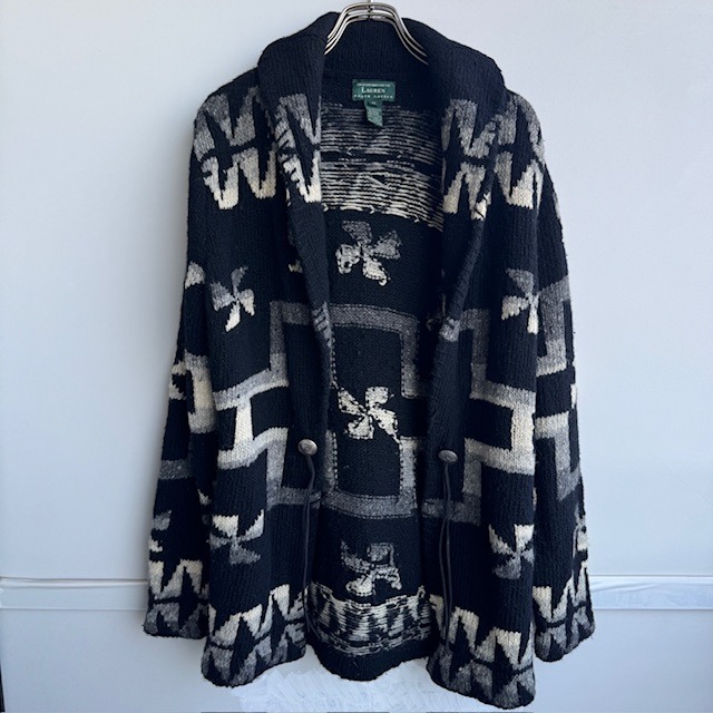 Ralph Lauren ラルフローレン ハンドニットカーディガン 80s〜90s 風車柄 ネイティブ柄 ブラック ヴィンテージ古着 M〜L 画像5
