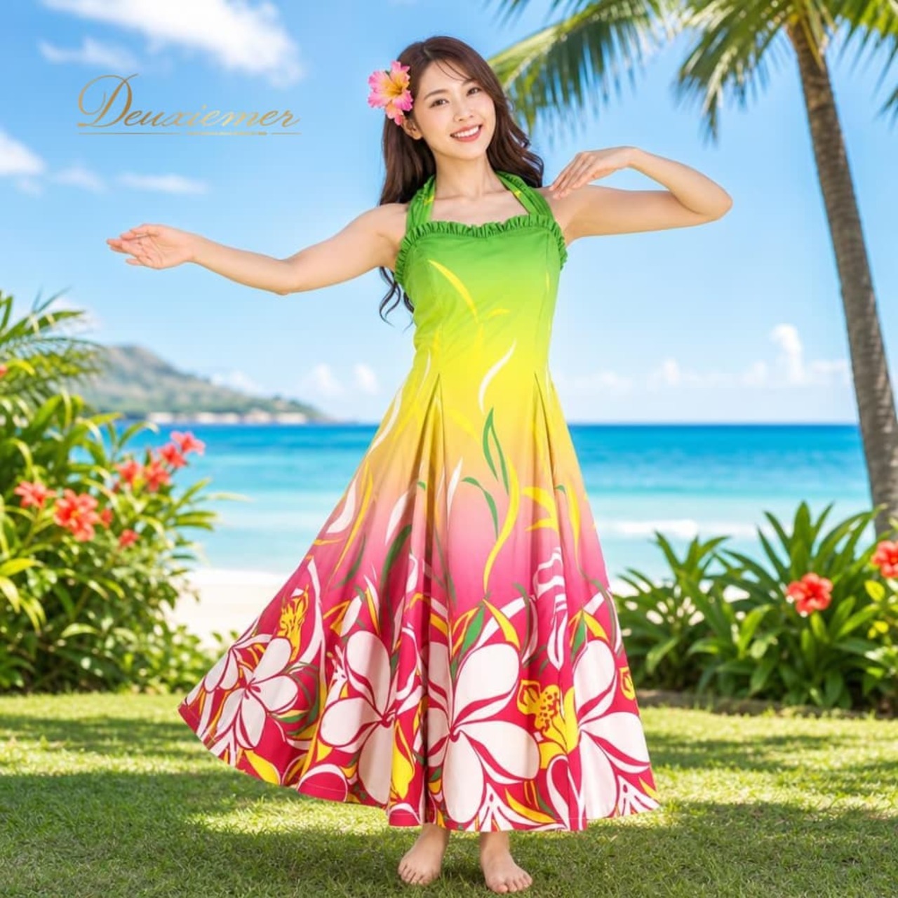 フラダンス 衣装 ALOHA STANDARDS アロハスタンダード ワンピース ドレス グリーン系 プルメリア柄 花柄 植物柄 ハワイアンプリント ハワイアン アロハ フラ ダンス レッスン 練習 ハワイアンダンス リボン フレアスカート フリル イエロー系 ピンク系 ホワイト系 黄緑 黄 ピンク 白 華やか 鮮やか