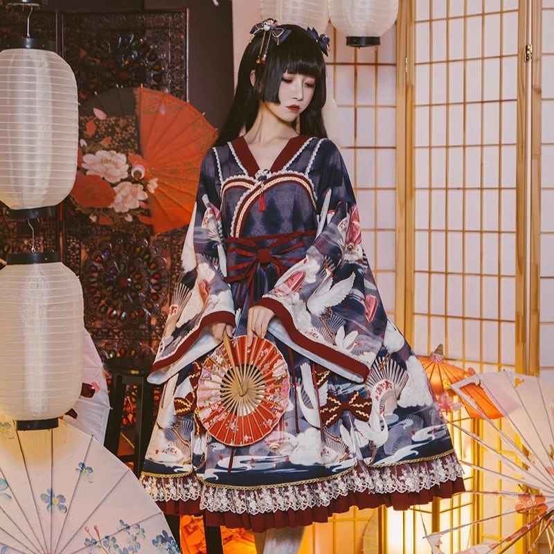 即納 黒Sサイズ】和ロリ 鶴と扇の和柄 ロリータ 着物風 JSK+羽織 豪華