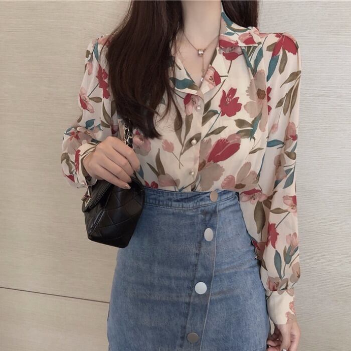 夏のレディースシフォンシャツ気質プリントシャツレトロ香港フレーバーシックなフローラルブラウスデザインニッチ YY-ファッション18890245975