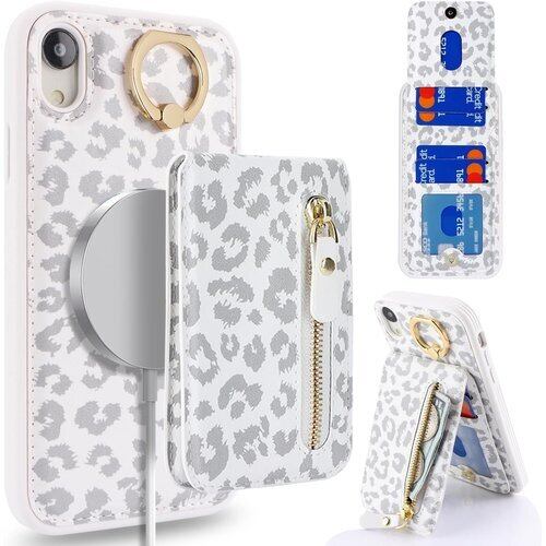 iPhone XR ケース 分離可 カードケース リング付きケース magsafe対応ケース マグセーフ magsafe用 アイホンxr リング付き iPhone 10R カバー スマホケース アイフォン10R アイホン XR case 適用 iCoverCase リング カード収納 スナップ 横置き スタンド マグネット カード入れ ファスナー 携帯カバー 豹柄 ヒョウ柄 ホワイト 2781