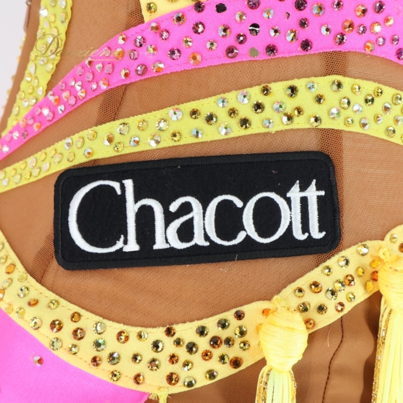 社交ダンス 衣装 チャコット Chacott ラテン ドレス ワンピース デモ 競技 ダンス パーティ 発表会 特徴的 個性的 フリンジ 蛍光 ピンク系 イエロー系 日本製 ダンス衣装 エレガント 大人用 デモ用 ドレスバッグ付き 華やか 競技用 ダンスパーティ用