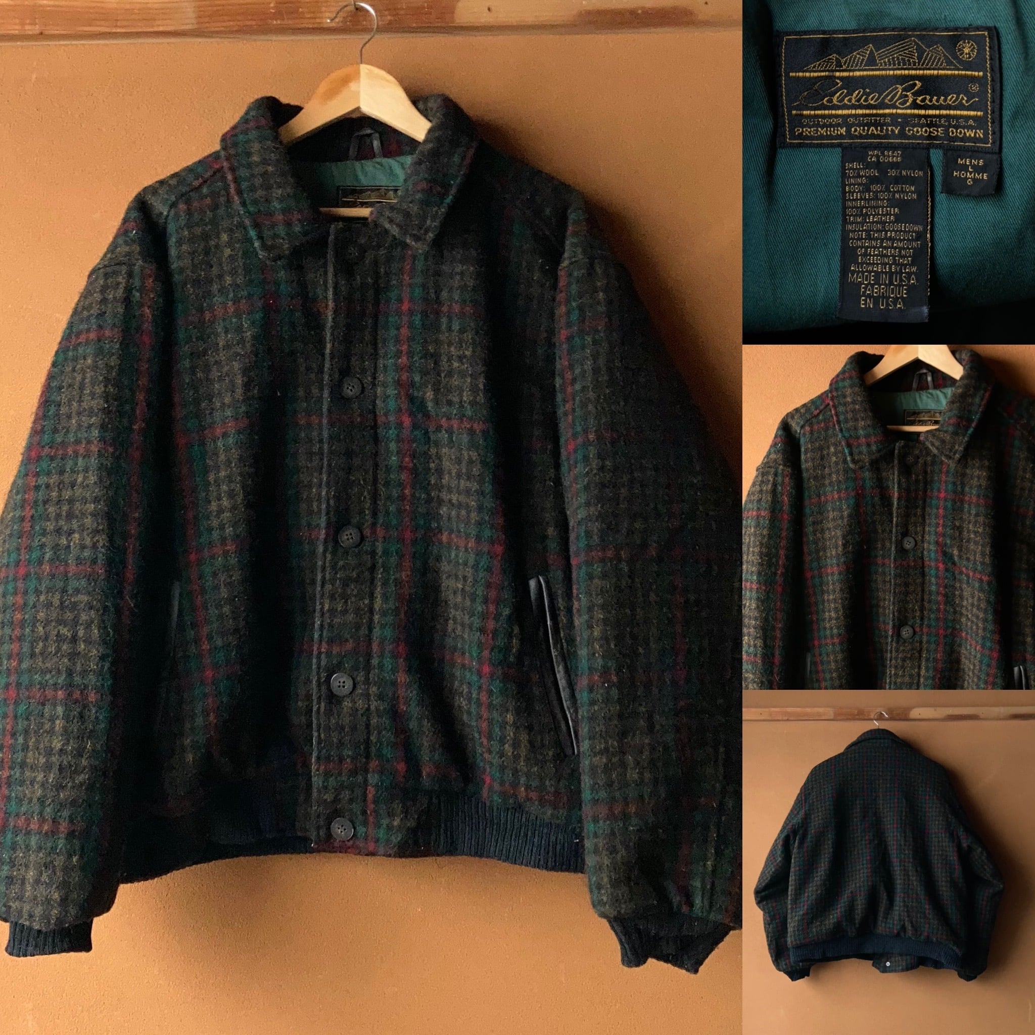 80's 黒タグ Eddie Bauer ウール×ダウンジャケット USA製 PREMIUM QUALITY GOOSE DOWN SIZE  L【0114A04】YAC