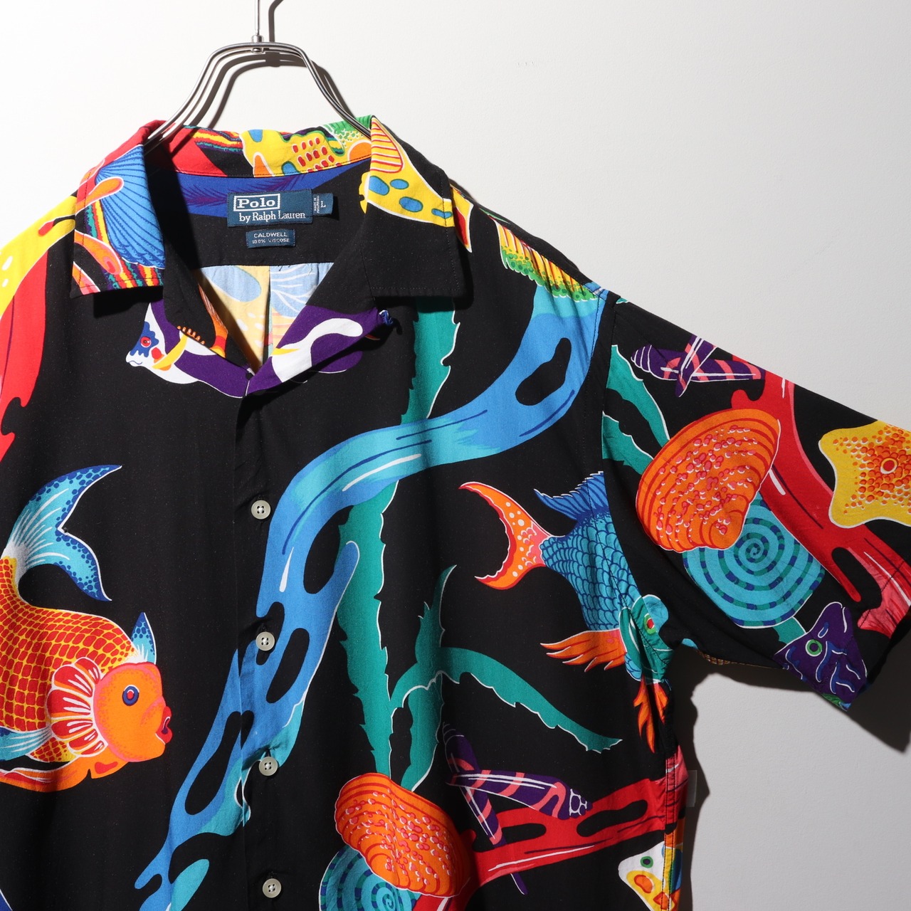 美品 L レーヨン Caldwell ポロラルフローレン 半袖開襟シャツ 熱帯魚 総柄 黒 アロハ ブラック polo ralph lauren サカナ