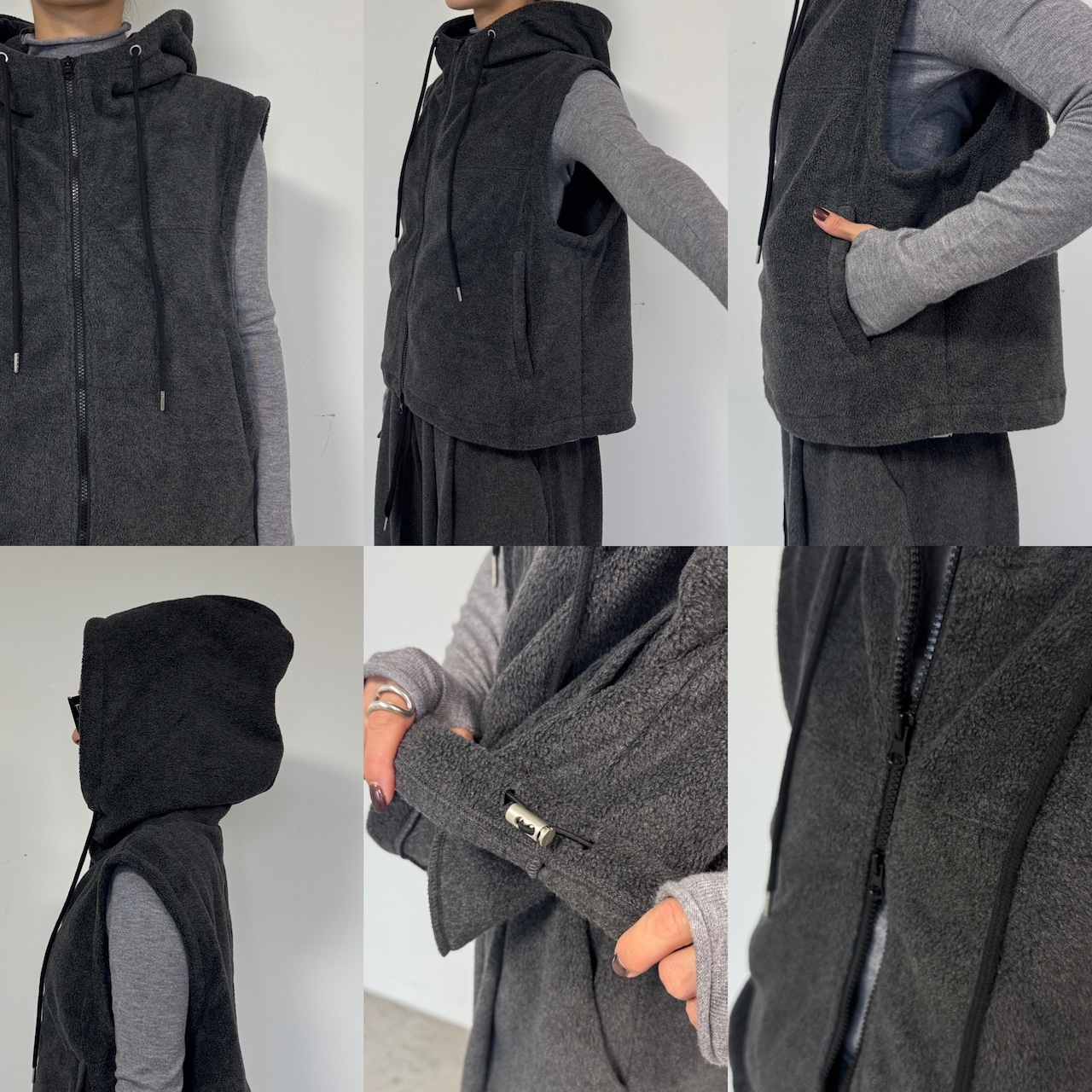 Wzipフリースフーディーvest/チャコール