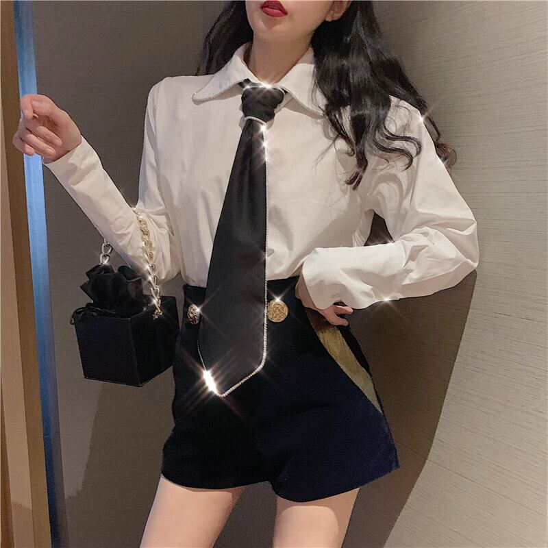 ラインストーンルーズホワイトシャツ レディースオータムウィンタースタイルブラックスタンダードパンツ ブーツ レトロ 靴 シューズ 秋物 冬物 ドラファッションホール55729690990