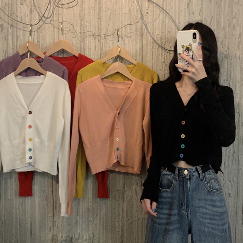 セーター スプリングブラックスタイルVネッククロップドトップス 春物 試着室6339864176