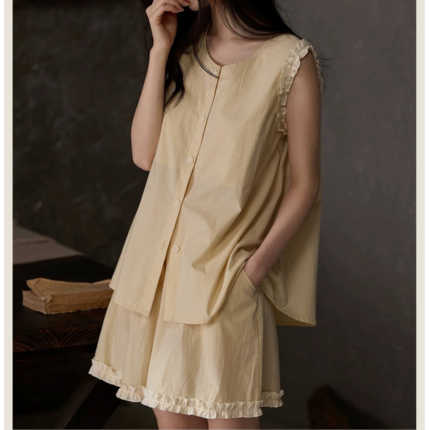 【2Style】【M-XL】sleeveless frill simple pajamas p1680