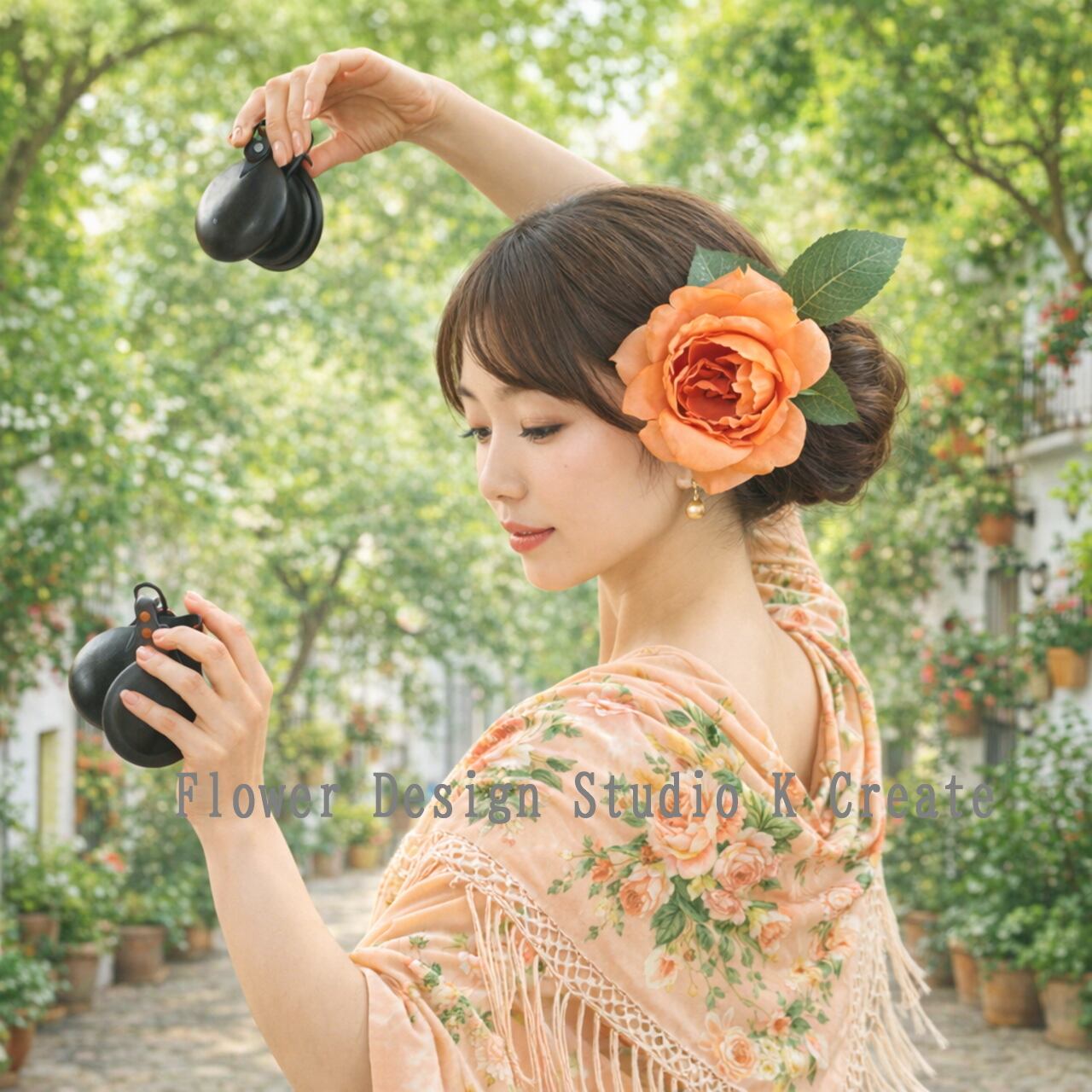 オレンジの薔薇と葉っぱの髪飾り 花径12cm フラメンコ フローレス ダンス 花 ローズ フラメンコ小物 オレンジ バラ 髪飾り