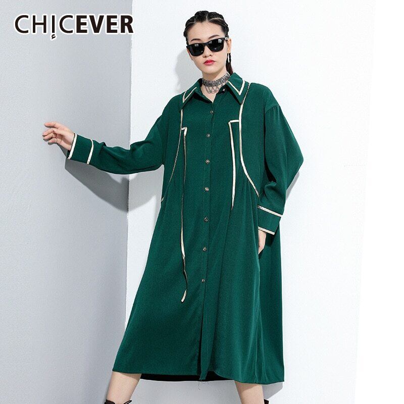 CHICEVERストライプドレスレディースラペルカラー長袖ヒットカラー特大Aラインドレス2020服 ロング 6base564497908049