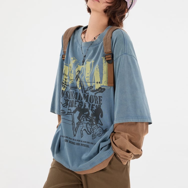 レイヤード風 ハーフスリーブ オーバーサイズ Tシャツ ◆2col L00008