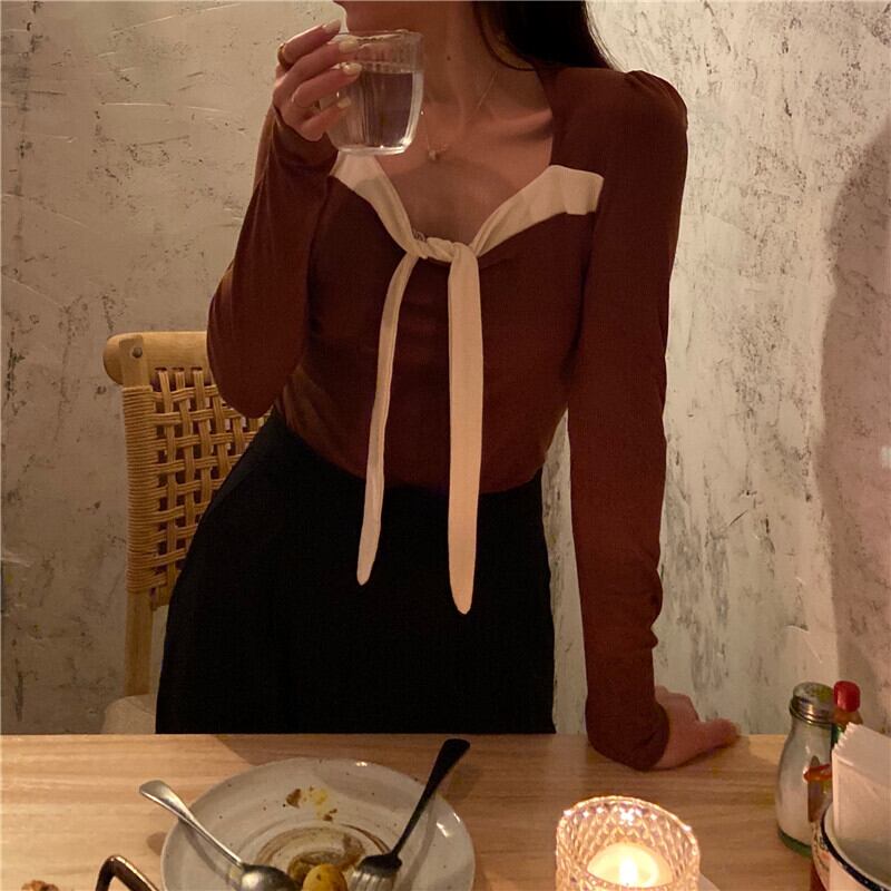 シャツ スタンダードリボンショート ロング レトロ スプリング 春物 Tシャツ スクウェア ブラックストロベリース20582129789