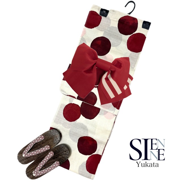浴衣ジェンヌ 浴衣3点セット 生成りに赤や薄ピンクの変形ドット柄  作り帯 結び帯