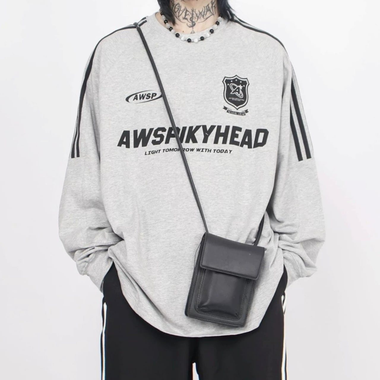 ラインスリーブロゴラグランロングTシャツ 3col A00439