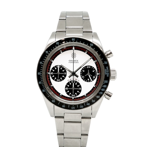 【OMEX】CHRONOGRAPH WATCH DENMA Vintage Model シルバー×ホワイト×ブラックベゼル メンズ 男性用 日本製ムーブメント 腕時計
