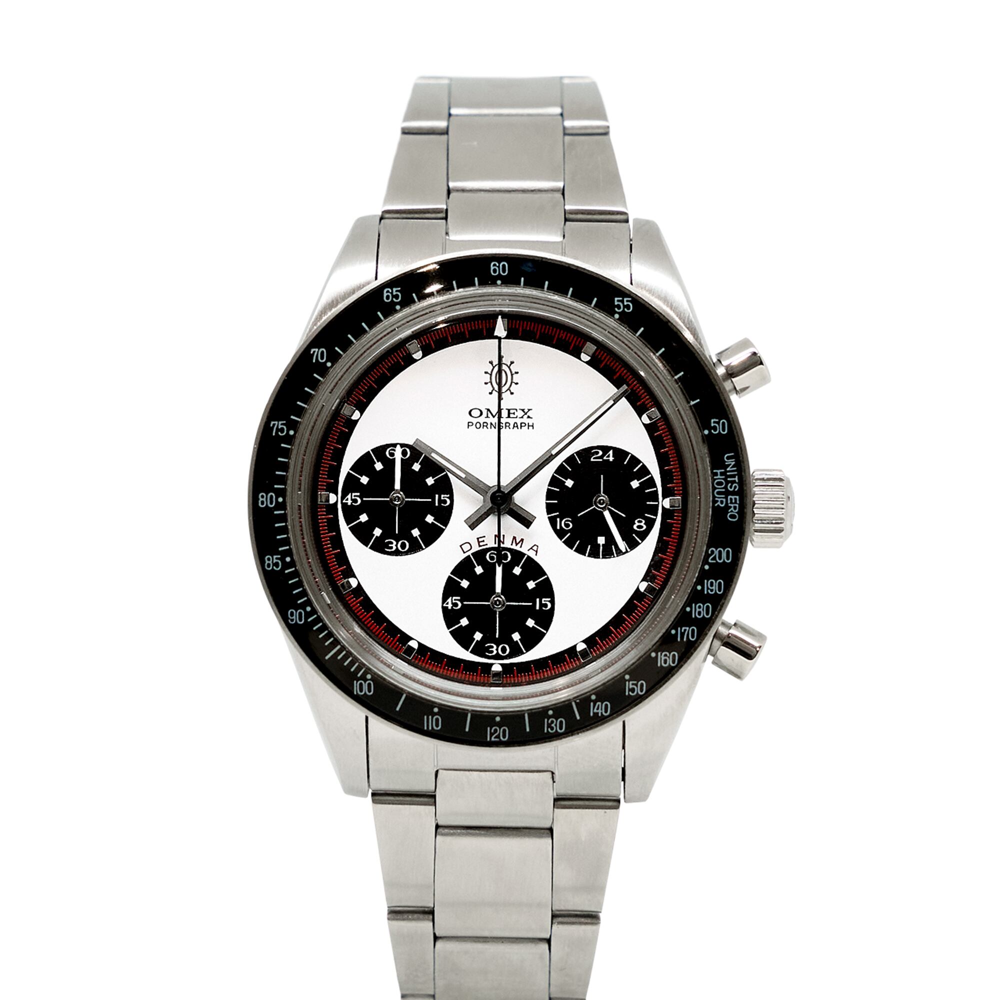 【OMEX】CHRONOGRAPH WATCH DENMA Vintage Model シルバー×ホワイト×ブラックベゼル メンズ 男性用 日本製ムーブメント 腕時計