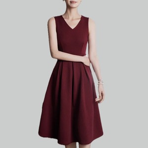 Decolletage V cutting sleeveless waffle flared dress 00072