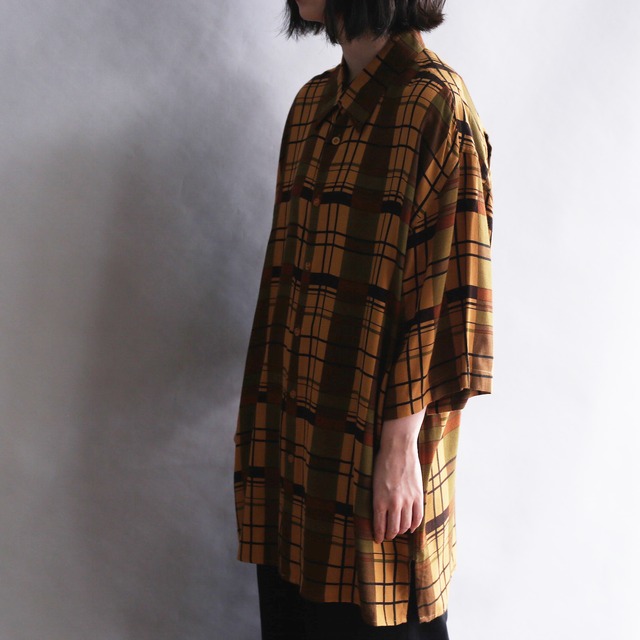 earth color grid pattern h/s rayon shirt