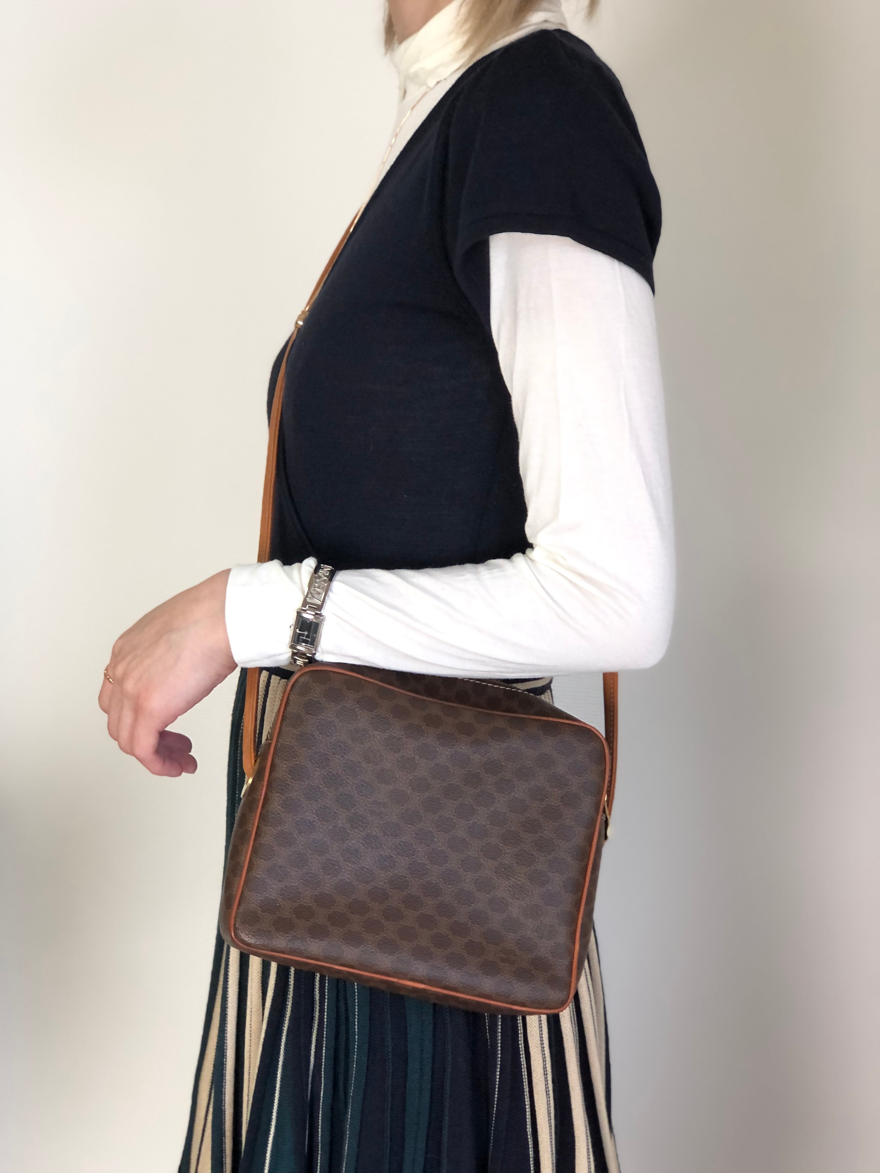 CELINE セリーヌ マカダム ショルダーバッグ ブラウン PVC レザー vintage ヴィンテージ オールド 6yth7d