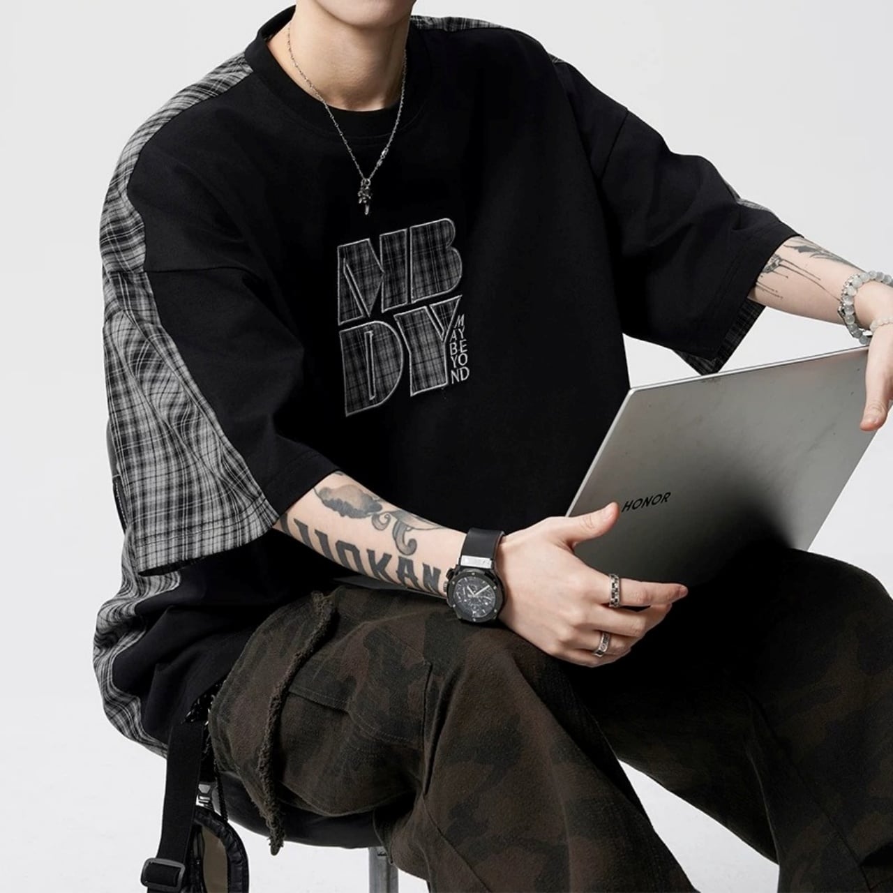 チェックコンビネーションロゴグラフィックTシャツ 3col A00374