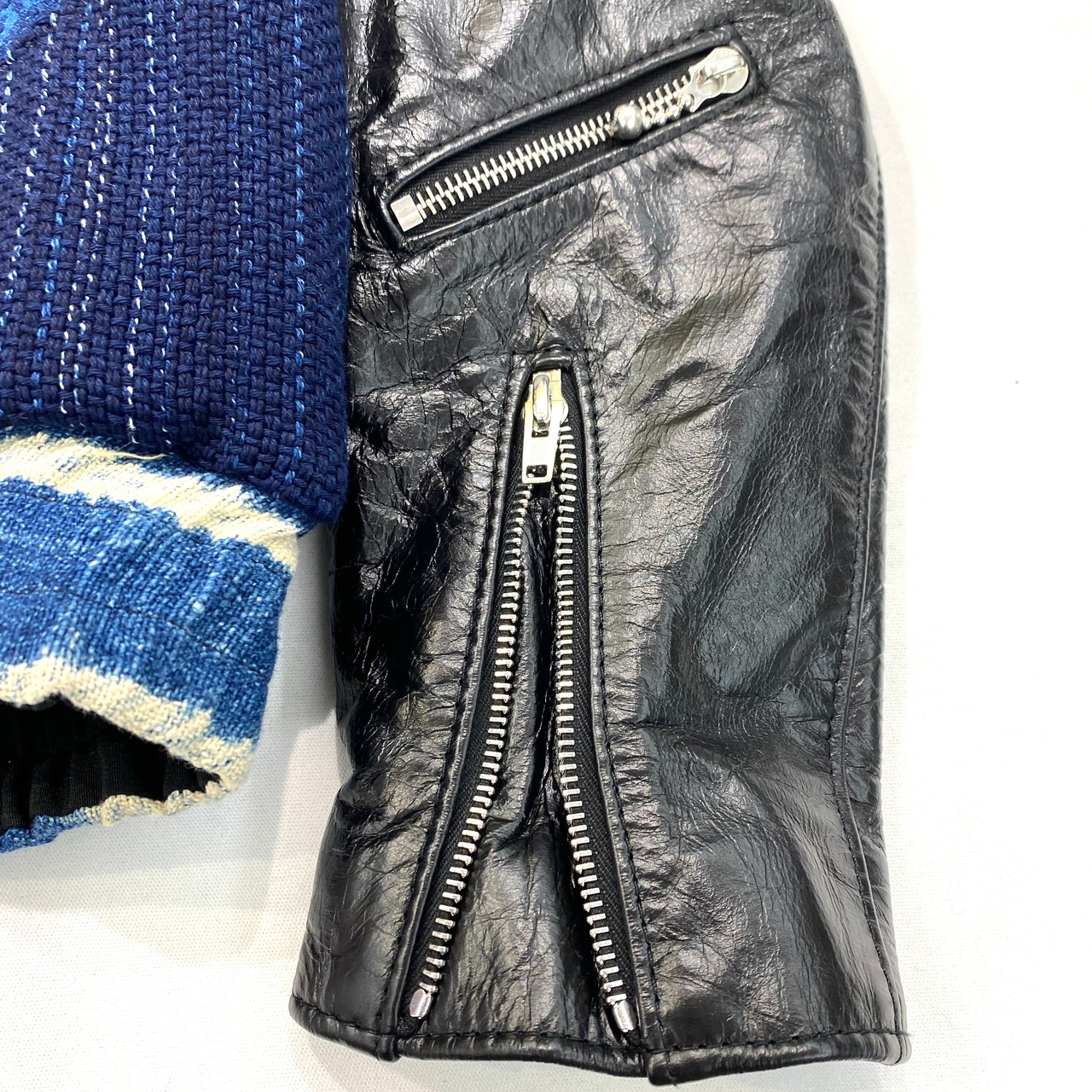 【bomber27】再構築リバーシブル中綿ボンバー  leather × indigo   MIX BOMBER JACKET