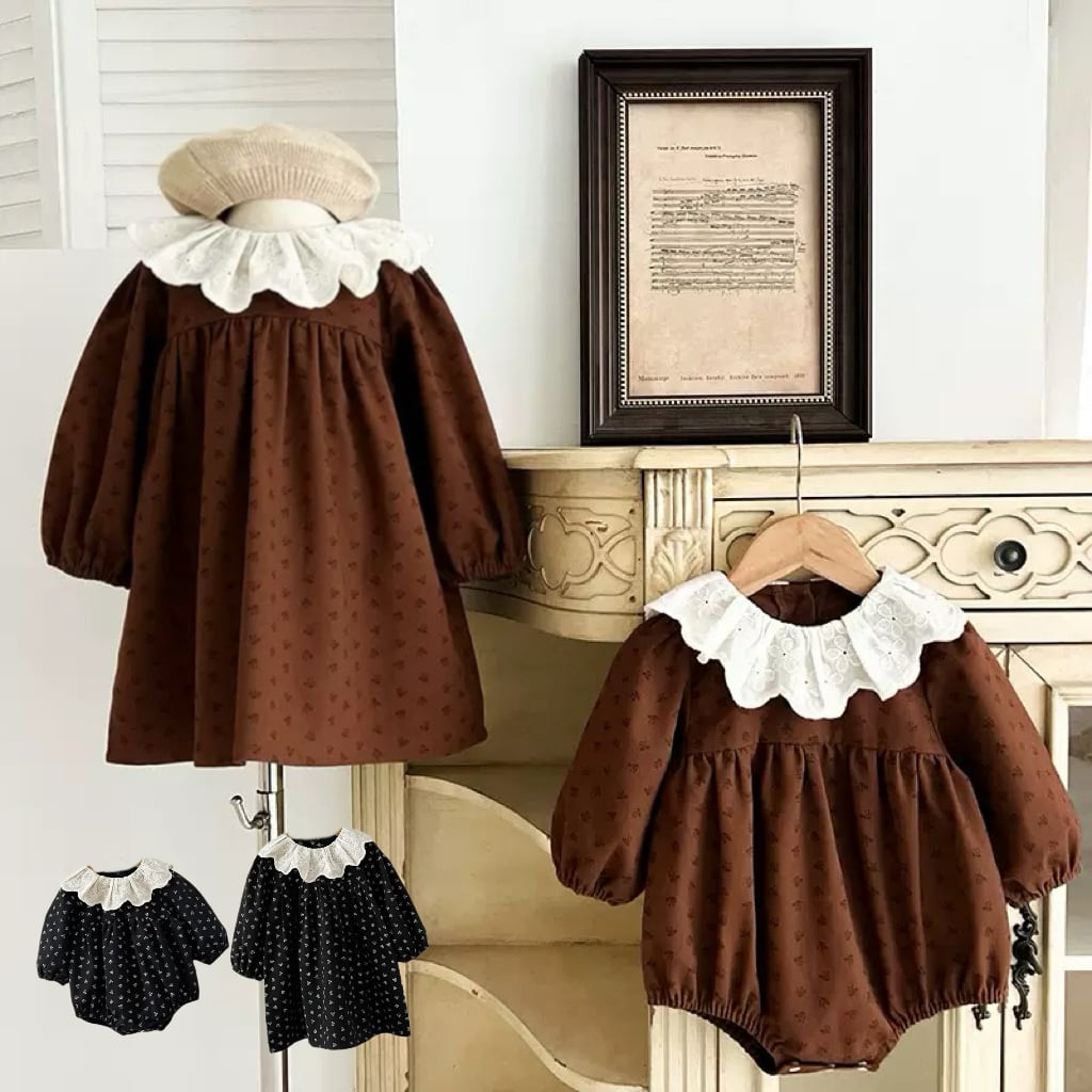,ベビーキッズ女の子100%フリル襟付きリンクコーデ ロンパース ワンピース 姉妹お揃い ブラウン ブラック lwa0048