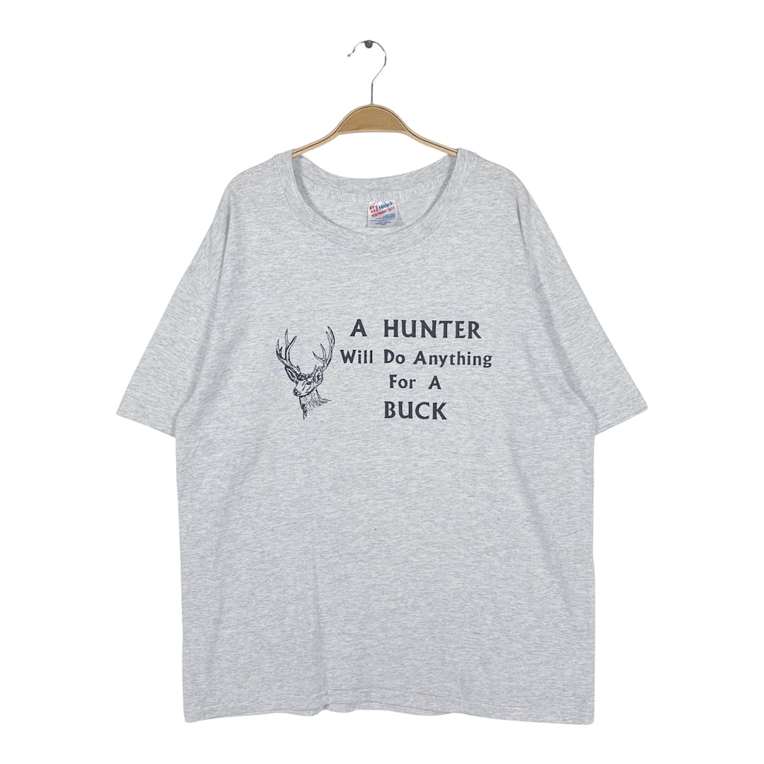 80s ヘインズ シカ アニマルプリント USA製 ヴィンテージ Tシャツ バックプリント シングルステッチ HANES グレー サイズXL 古着 BZ0591