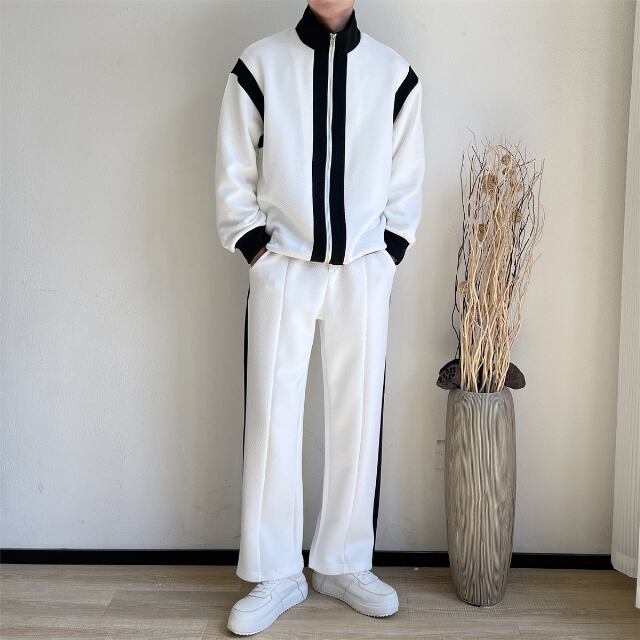 【予約販売】メンズ セットアップ 無地 バイカラー ライン ブラック ホワイト モノトーン スエット カジュアル モード きれいめ 男前 パンツ セット ジャージ ジム スポーティー ダンス ジム 韓国 トレンド 大きいサイズ M/L/XL/2XL/3XL