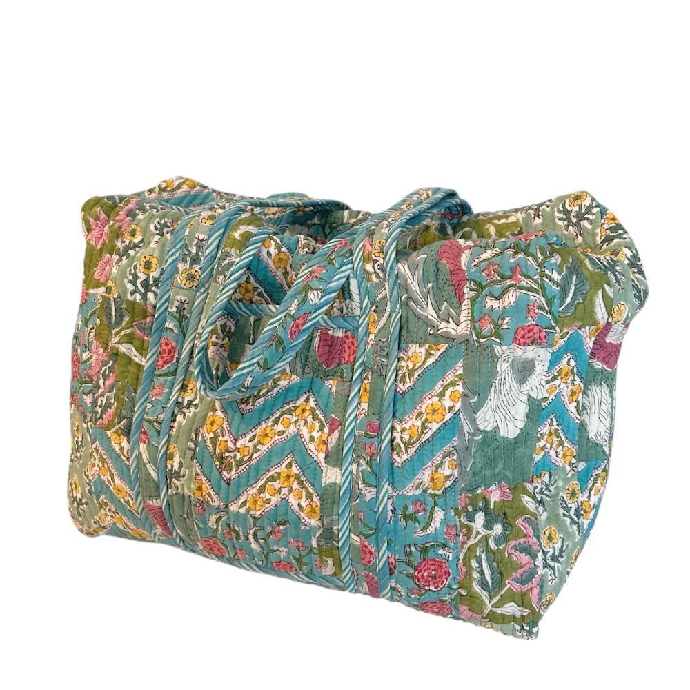 コットンキルトボストンバッグ ブロックプリント パッチワーク ブルー