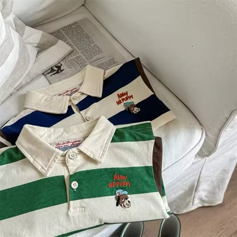dog刺繍ボーダーポロシャツ