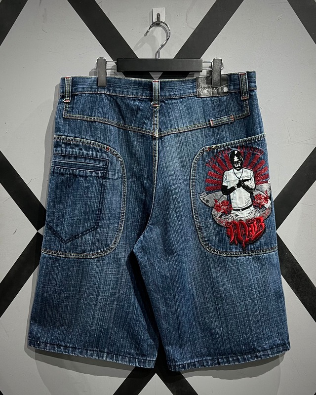 【X VINTAGE】"MAKAVELI" Embroidery Design Vintage Baggy Denim Shorts