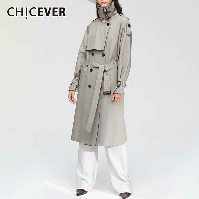 CHICEVERウインドブレーカーレディースラペル長袖パッチワークウエストレースアップラインルーズウインドブレーカー2020タイド ロング Aライン 6base520935464061