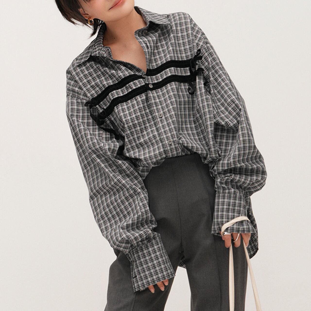 チェック柄リボンデザインシャツ a0628