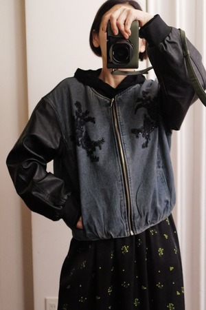 fake leather denim combi blouson black