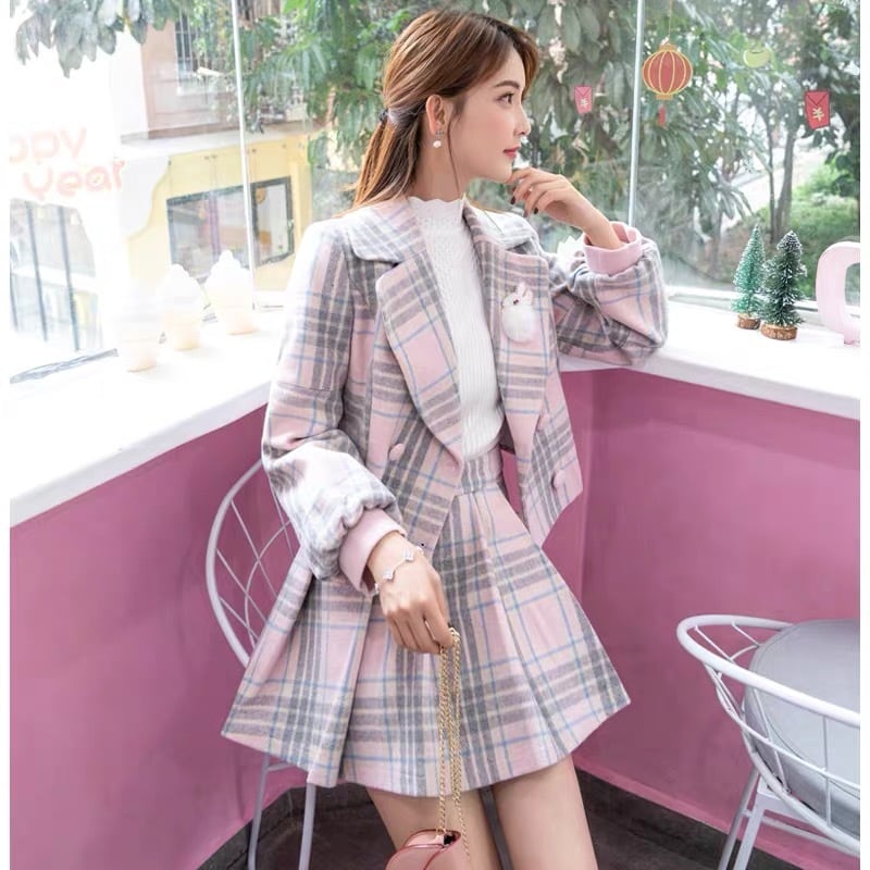 【セットアップ】ピンク チェック スーツ スカート ジャケット