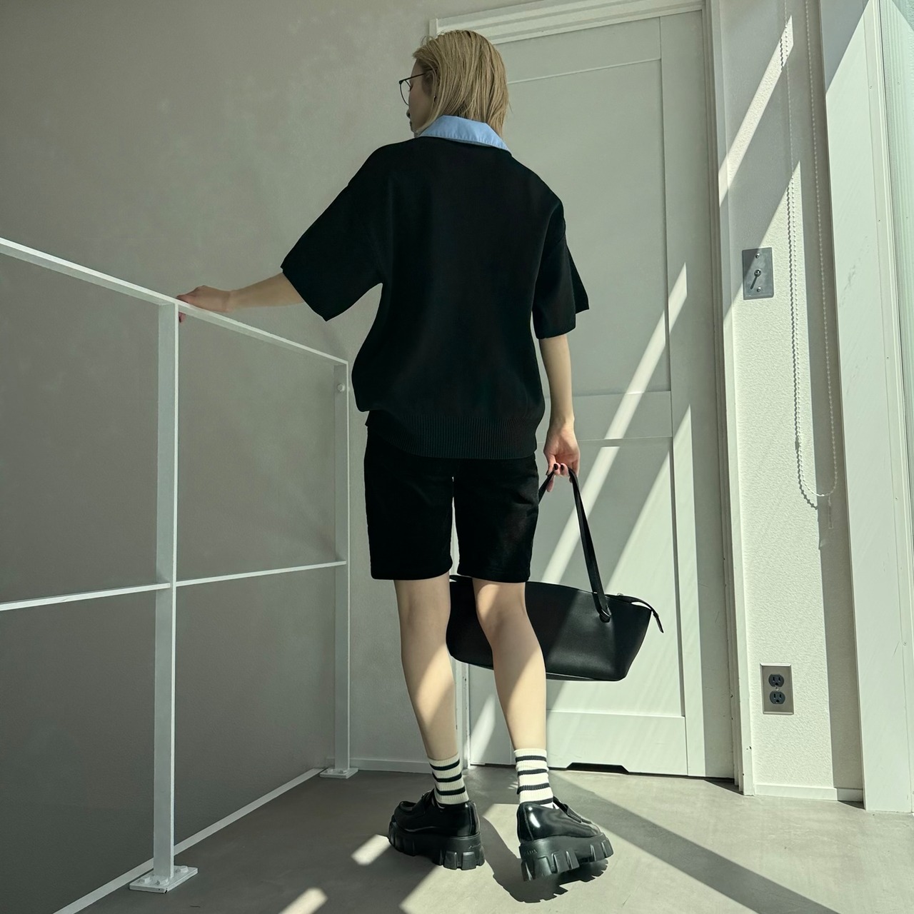 襟付半袖シャツknit/ブラック