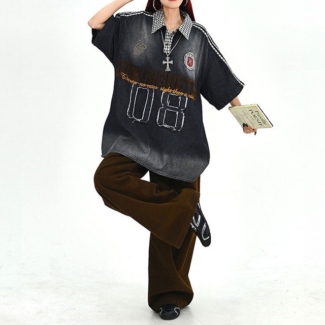 チェックカラーナンバリングビッグトップス 2col   R01697