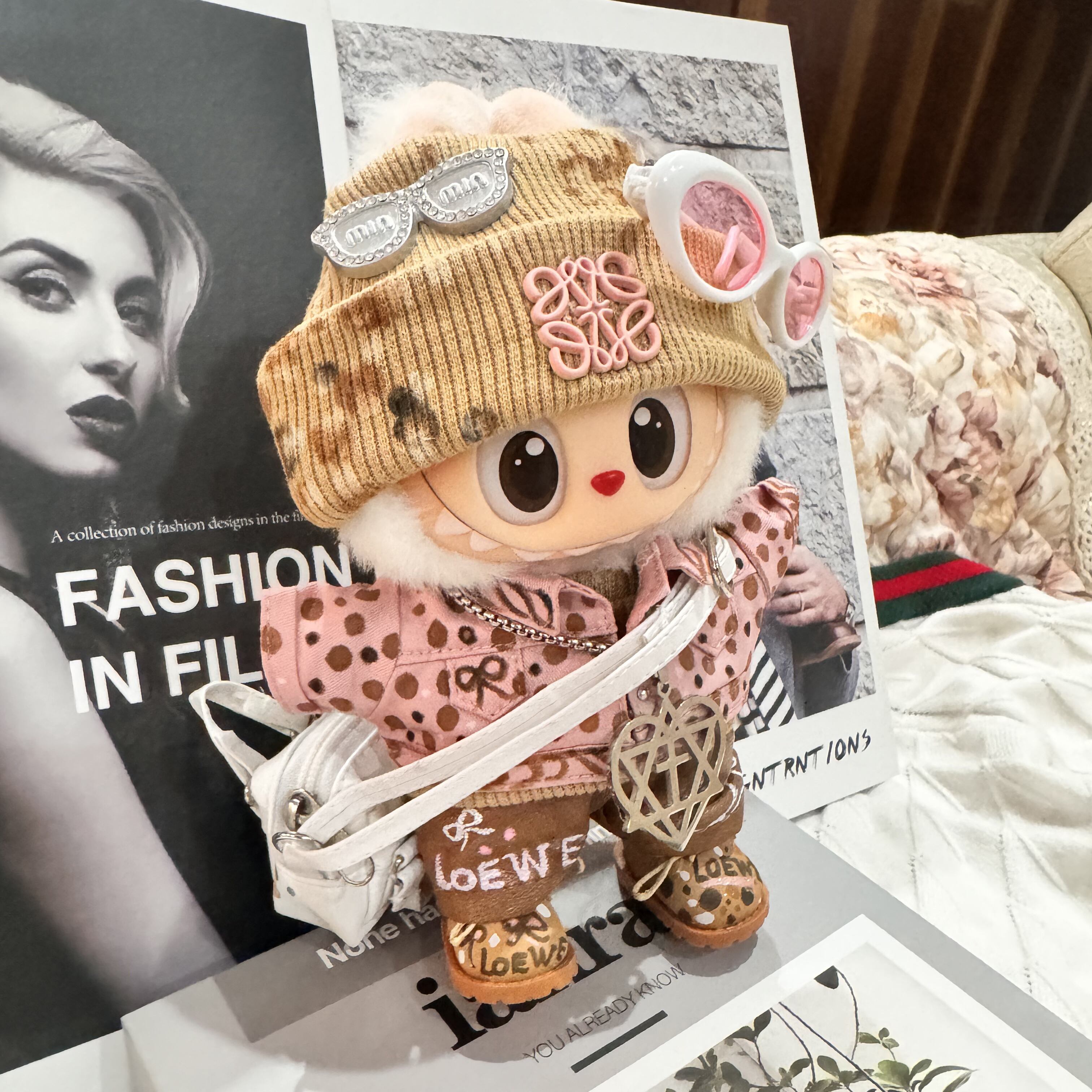 大人可愛い軽奢スタイル!高級感全8点コーデ♡ Labubu 15cm/17cm用 ピンク&ブラウン 軽奢ニット 水玉 上質 おしゃれ