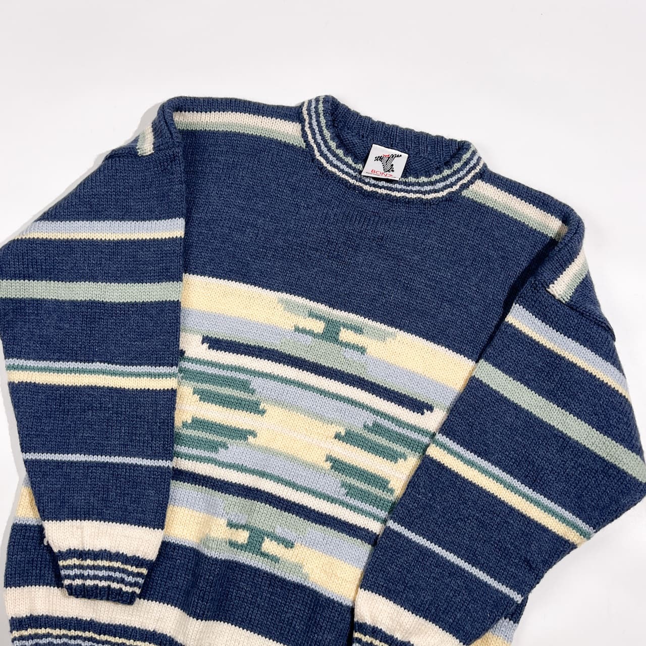 オーストラリア製 BONZ ボンズ 総柄 ウール ニット セーター /ブルー系 メンズ ハンドメイド
