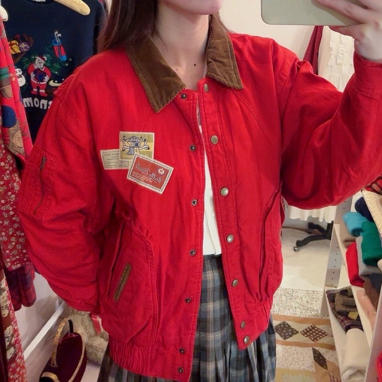 corduroy collar check liner red blouson