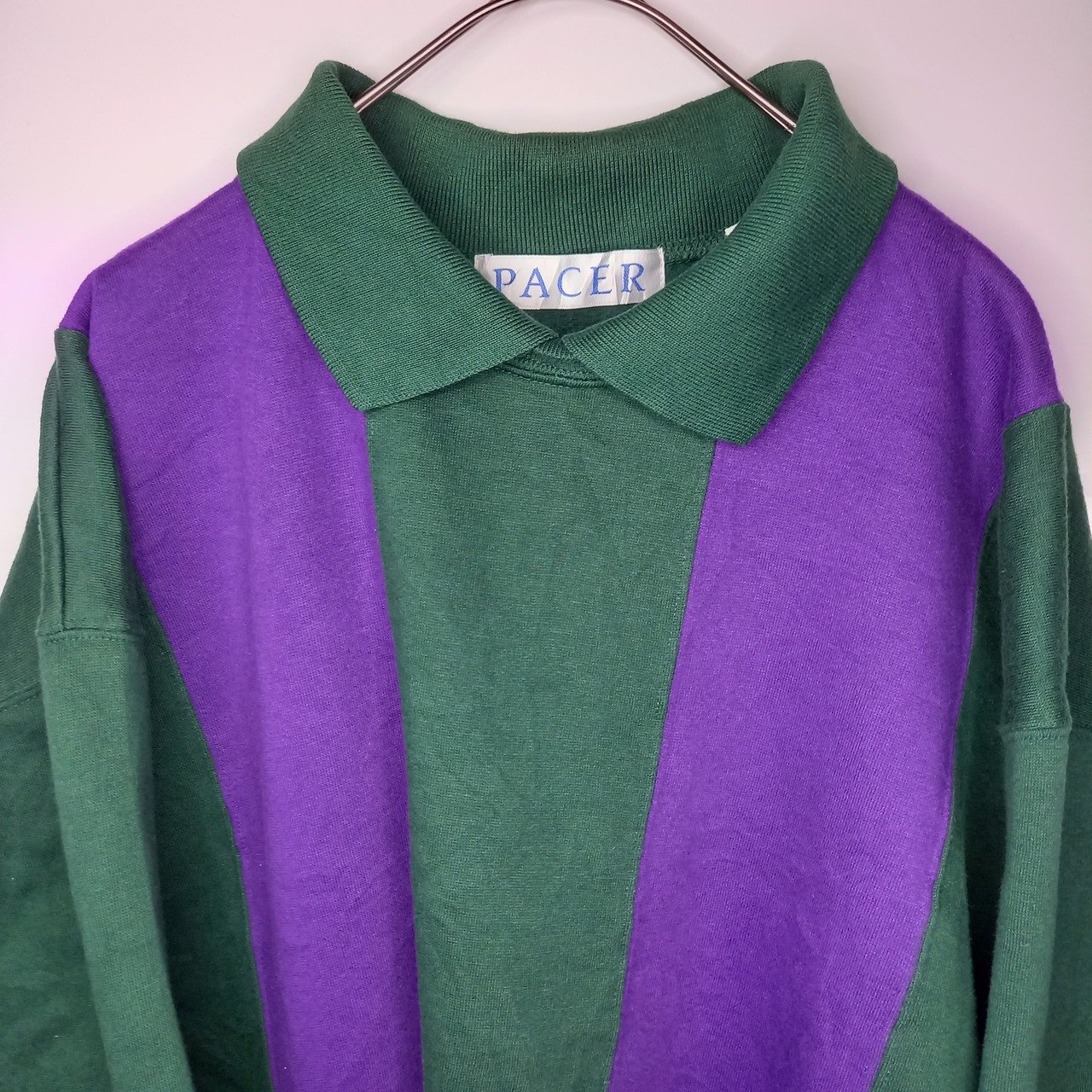 PACER　ポロスウェット　トレーナー　ストライプ　グリーン　パープル　M