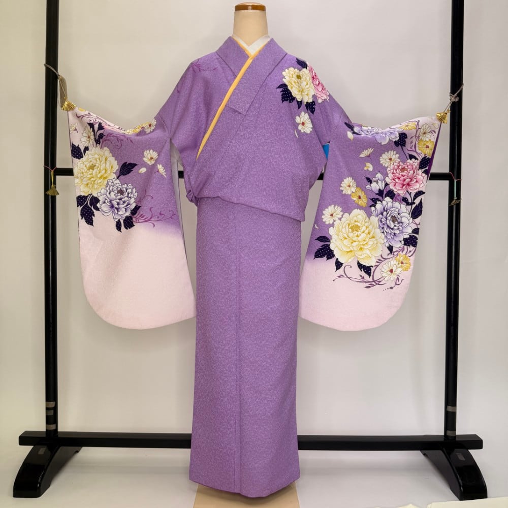 二尺袖 単品 卒業式着物 紫 ナカノヒロミチ 裄68cm Lサイズ 袴用着物 化繊 中古 5788