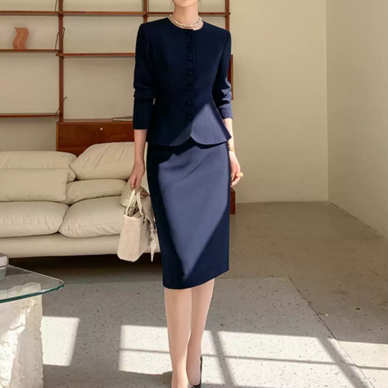 ノーカラー ジャケット スーツセット-ネイビー