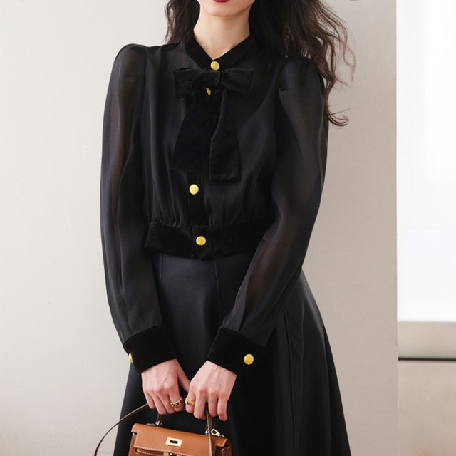 エレガントステッチボウタイリボンパフスリーブブラウス　BM1203