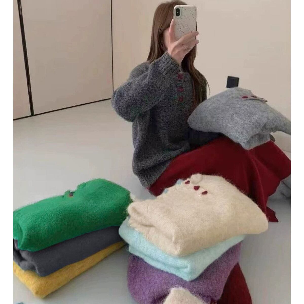 ニット 起毛 長袖 ハーフボタン レディース 春秋冬 韓国 トップス おしゃれ 大人 カジュアル きれいめ ハートボタン 無地 ゆったり ガーリー フェミニン 大人可愛い 大人女子