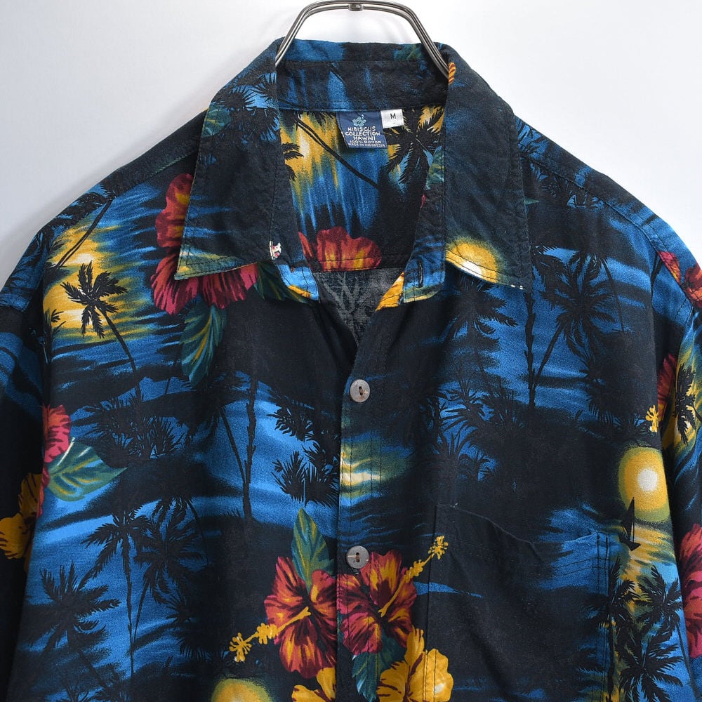 90s~ HIBISCUS COLLECTION HAWAII ハイビスカスコレクションハワイ ハイビスカス 総柄 アロハシャツ オープンカラー 月夜 海 ヤシの木 開襟シャツ ブラック ブルー ヴィンテージ ビンテージ 古着 メンズ Mサイズ