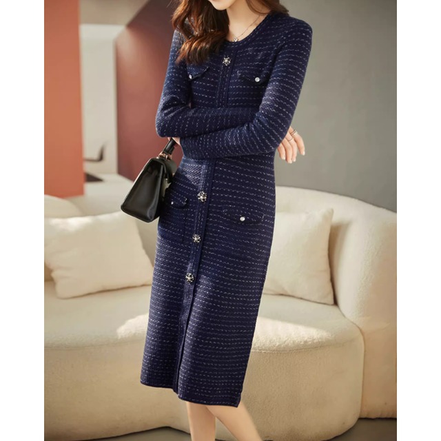 Tweed Knit Buttoned Dress Mid-Length Long Sleeve 30054