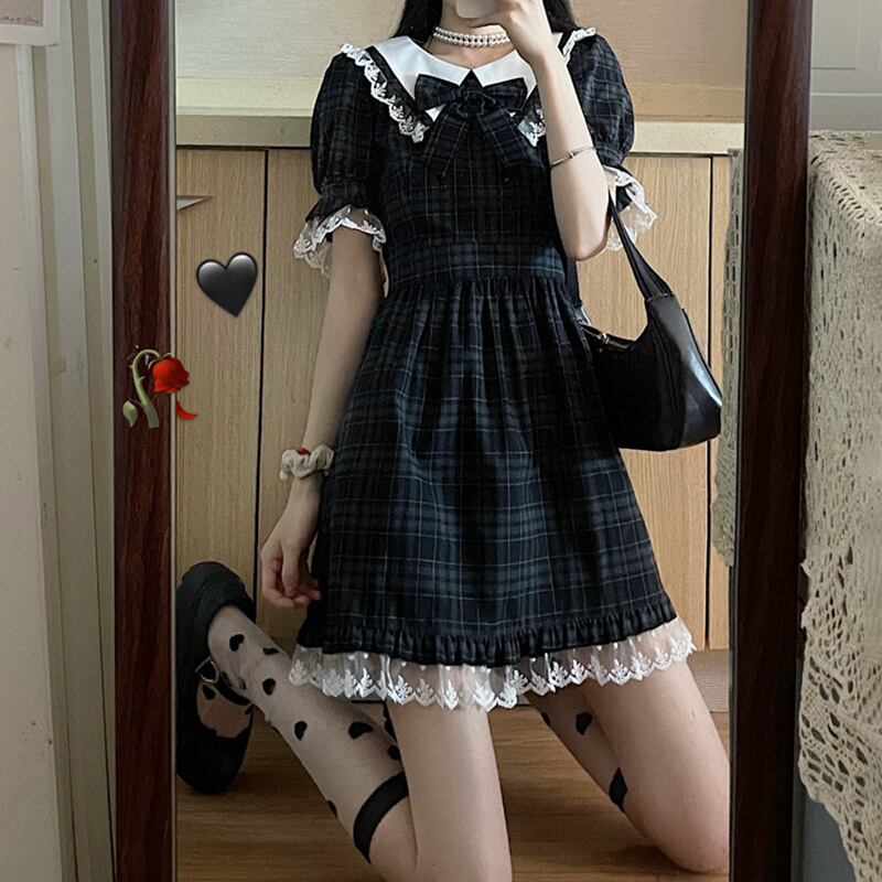 スタイルレーススカート スリーブカラー格子柄ドレス サマー 大人ガーリー スウィート キュート カジュアル 夏物 萌量不足52790796993