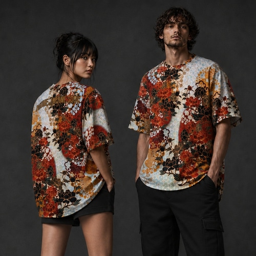 和紋様装飾　牡丹紅白　和柄ユニセックス 180G Performance Tシャツ