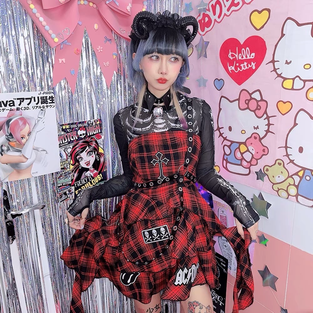 レッドチェック ゴスロリドレス ワンピース 赤 イギリス チェック ドレス チューブトップ ゴスロリ